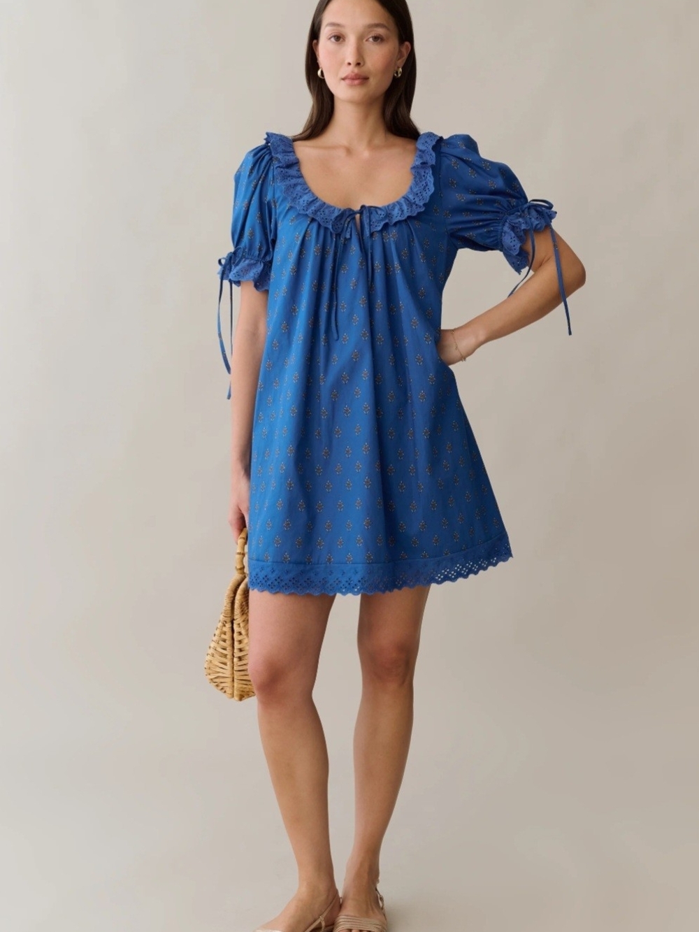 Bijou Blue Puff-Sleeve Mini Dress with Ruffled Neckline